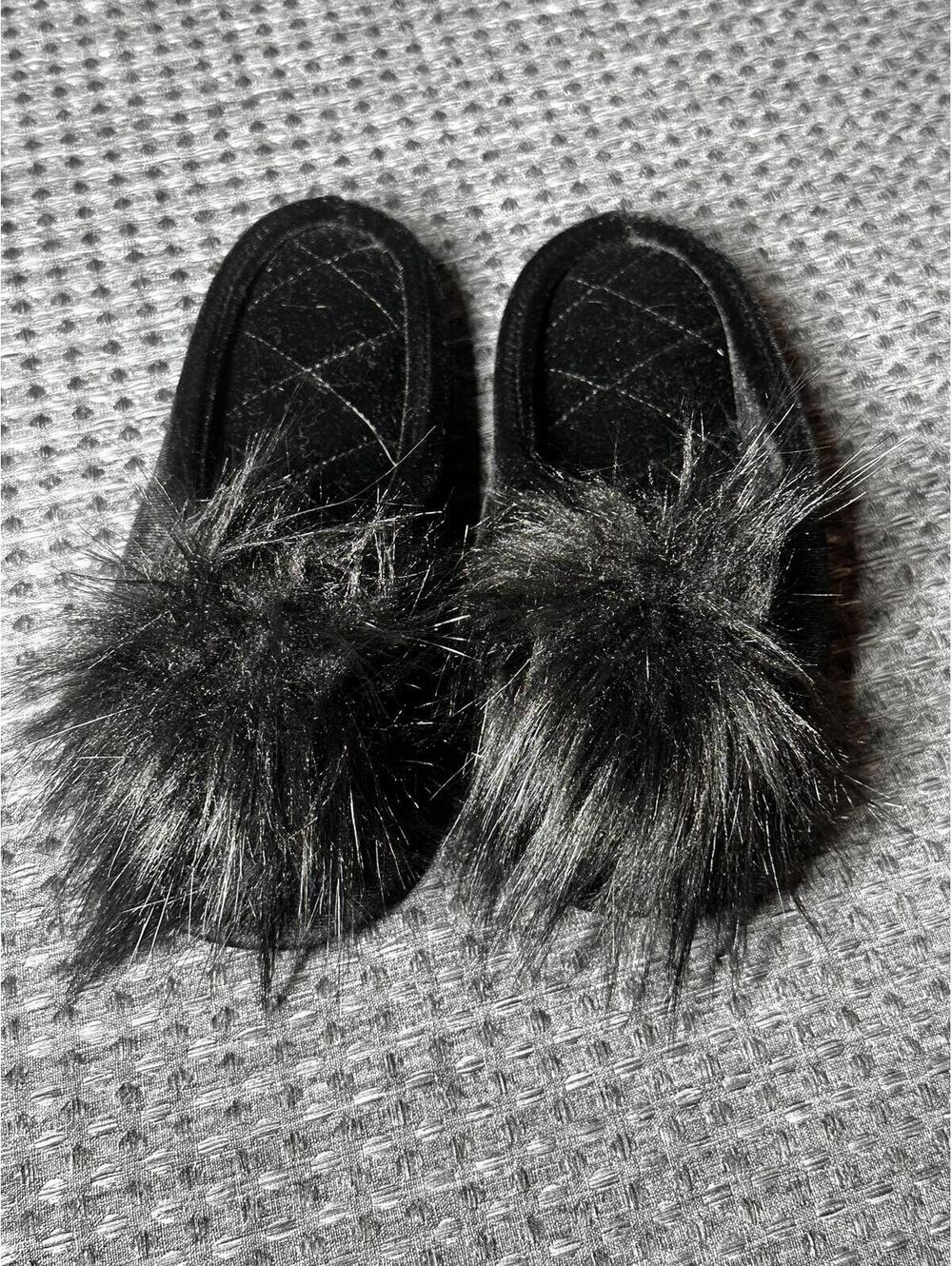 Black Furry Pom Pom Slip-On Slippers